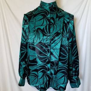 Mervyns TJW Teal Green Black Leaves Folded Shoulders Button Neck Cuffed Sleeves